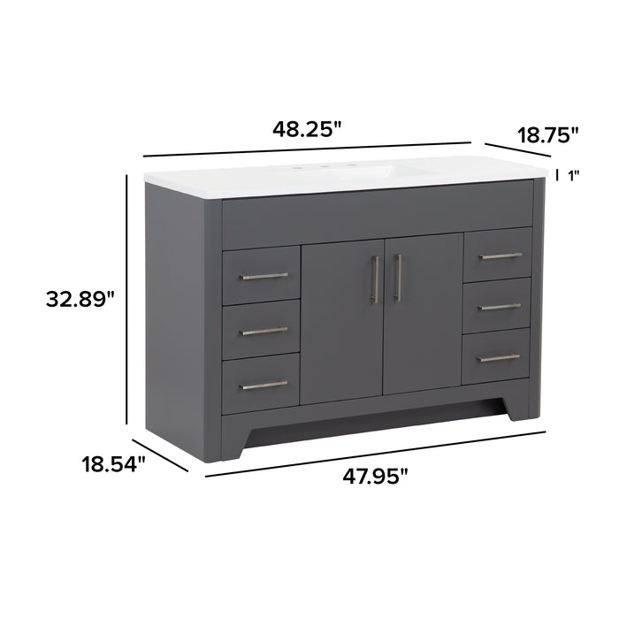 Measurements of Salil 48 inch 2-door, 4-drawer gray bathroom vanity with white sink top: 48.25 in W x 18.75 in D x 32.89 in H