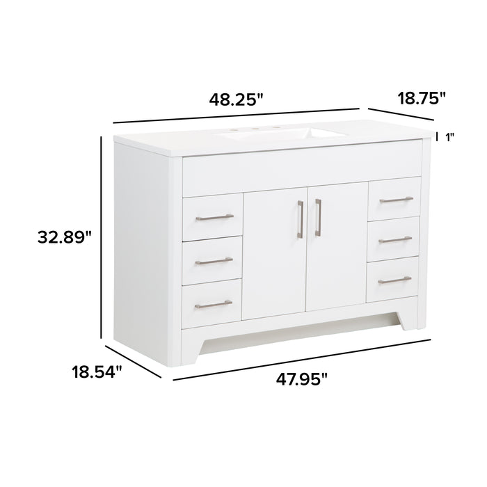 Measurements of Salil 48 inch 2-door, 4-drawer white bathroom vanity with white sink top: 48.25 in W x 18.75 in D x 32.89 in H