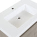 Predrilled white cultured marble sink top with integrated rectangular sink on Kelby vanity with woodgrain finish